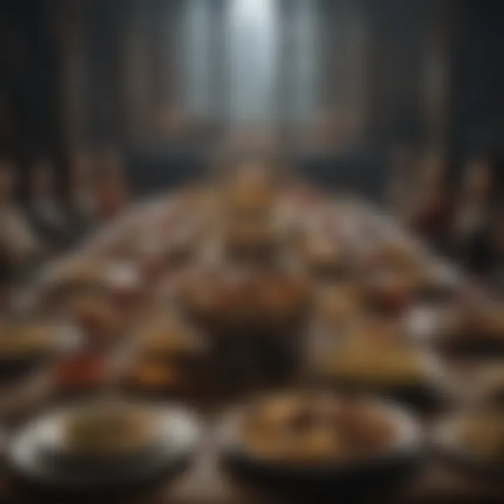 A regal banquet table adorned with a variety of sumptuous dishes, representing the abundance of resources in the North.