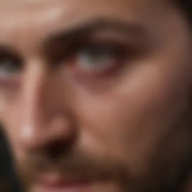 A close-up of Qyburn's intense gaze, reflecting his ambition