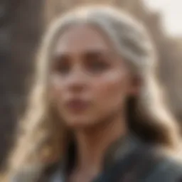 Daenerys Targaryen gazing into the distance, symbolizing her longing for power and home.