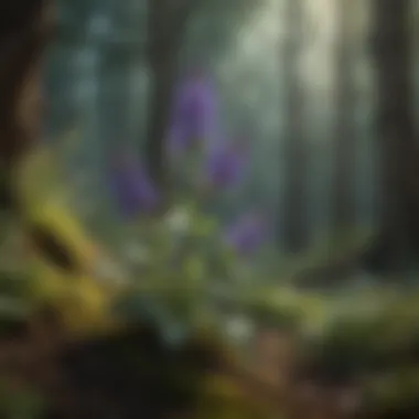Wolfsbane in Nature: The Enigmatic Flowers A close-up view of wolfsbane flowers in a mystical forest setting