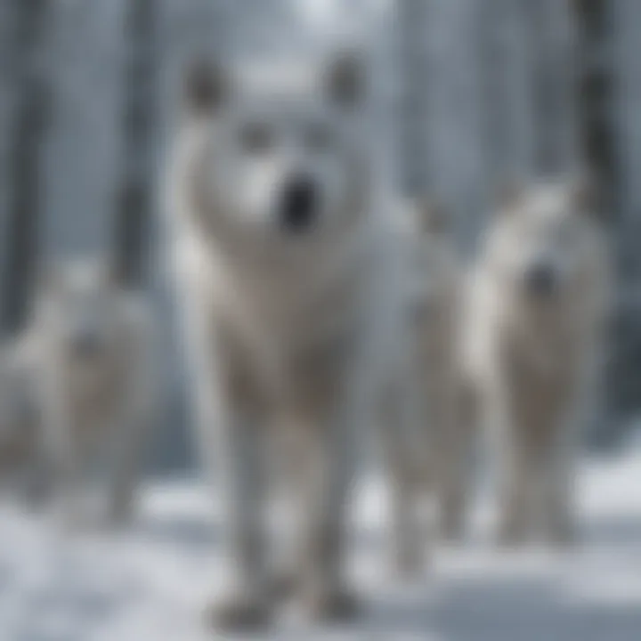 Dire wolf pack in a snowy environment