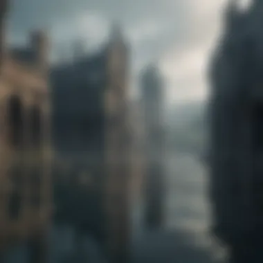 An artistic representation of a submerged city in Westeros, shrouded in mist