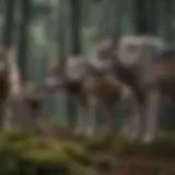 A pack of wolves communicating through body language in a forest setting.