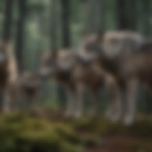 A pack of wolves communicating through body language in a forest setting.