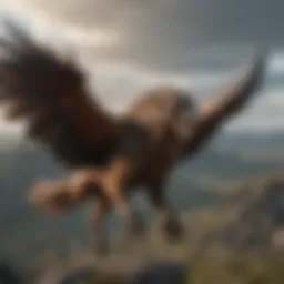 A majestic griffen depicted soaring over the landscapes of Westeros, showcasing its powerful wings and regal posture.