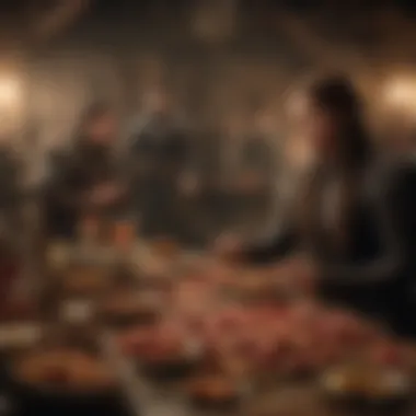 Songs that Weave Tales of Valor and Betrayal An elaborate scene depicting a feast where songs echo tales of valor and betrayal.