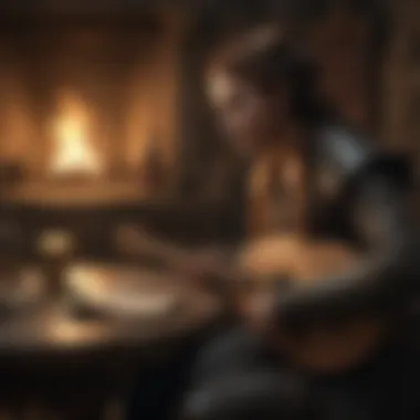 The Lute's Role in Westerosi Lore A haunting melody played on a lute in a dimly lit tavern, evoking the spirit of Westeros.