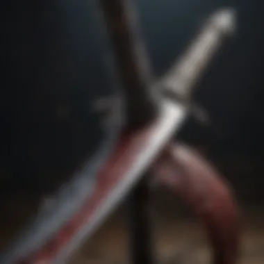 A close-up of a sword stained with blood