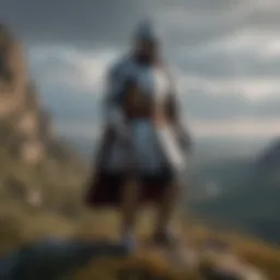 A majestic knight in full armor standing on a hilltop