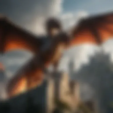 A fiery dragon soaring over a medieval castle