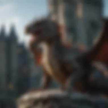 A dragon perched atop a castle, symbolizing power and dominance.