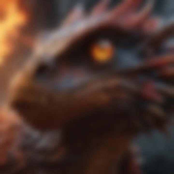 A detailed illustration of a dragon's scales and fiery breath.