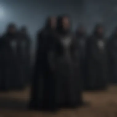 A group of Night's Watch members in their iconic black cloaks, standing resolute.