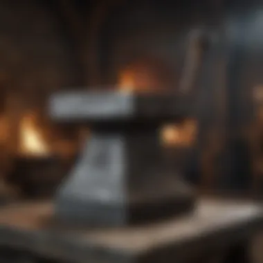 The Anvil: A Symbol of Craftsmanship in Westeros An imposing rock anvil set against the backdrop of a medieval forge, symbolizing craftsmanship and resilience.