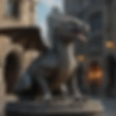 Dragon statue amidst a backdrop of Westerosi architecture