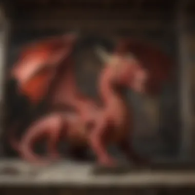 A detailed mural depicting a red dragon in a historical fantasy setting