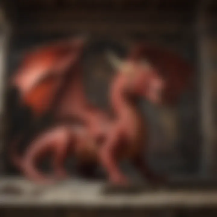 A detailed mural depicting a red dragon in a historical fantasy setting