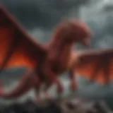 A majestic red dragon soaring through a stormy sky