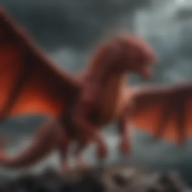 A majestic red dragon soaring through a stormy sky