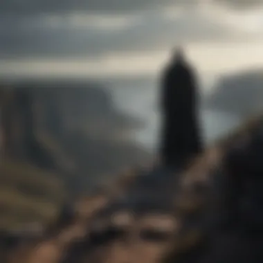 The Shadow of Mortality A shadowy figure standing on a cliff, overlooking the realm, representing the inevitability of death