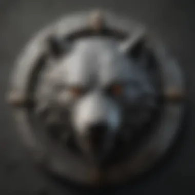 A close-up of a direwolf sigil representing House Stark