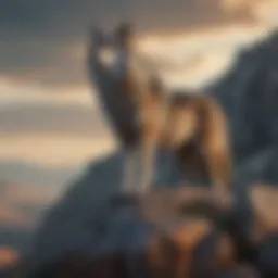 A majestic wolf standing atop a rocky outcrop, overlooking a vast landscape
