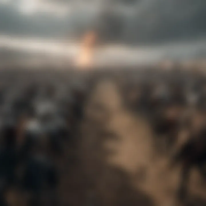 A dramatic scene of a battlefield in Westeros with warriors clashing.