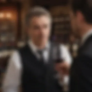 A close-up of a sommelier discussing wine characteristics with a customer.