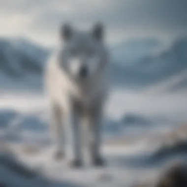 A lone direwolf in a frozen landscape symbolizing loyalty and survival.