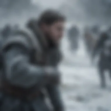 A battle scene amidst a winter storm illustrating the chaos and struggles in Westeros.