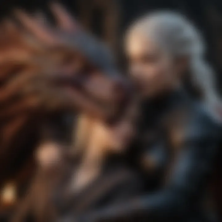 Drogon nestled protectively beside Daenerys Targaryen