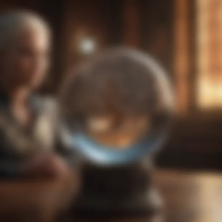 A character gazing into a crystal ball, symbolizing foresight and destiny.