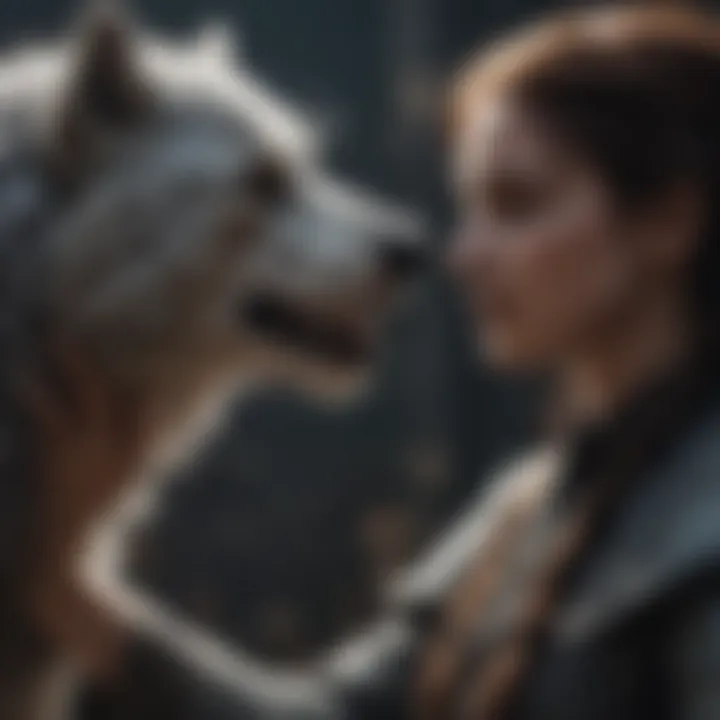 An artistic representation of a skin changer interacting with a direwolf, symbolizing their bond.