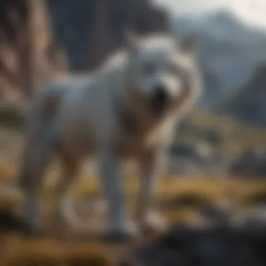 Dire Wolf in Prehistoric Habitat A realistic depiction of a dire wolf in a prehistoric landscape.