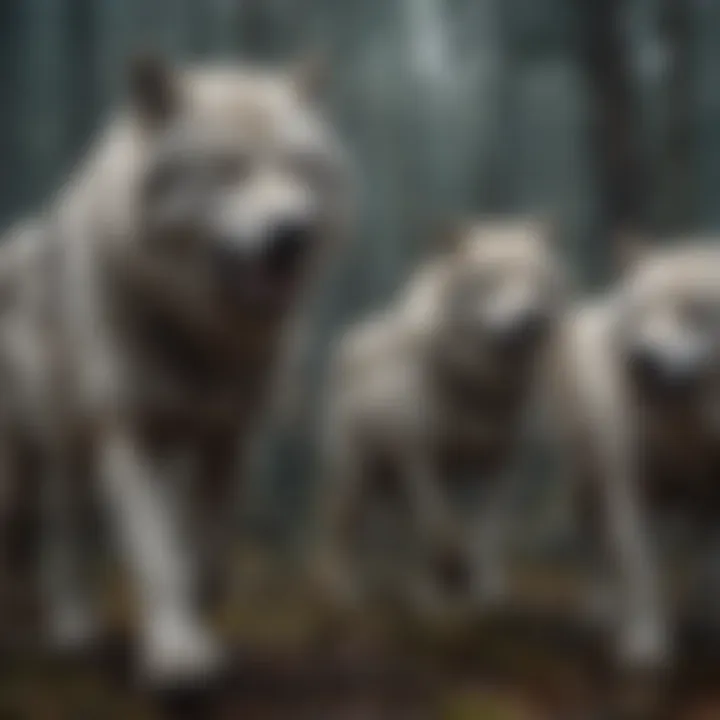 An artistic representation of dire wolves from Game of Thrones.