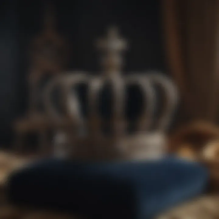 Antique royal crown resting on a plush velvet pillow