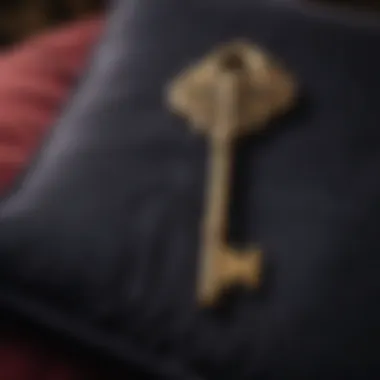 Ornate golden key on a velvet cushion