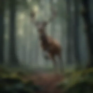 A majestic deer leaping through a mystical forest