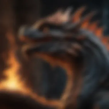 Intricate details of a dragon's scales and fiery breath